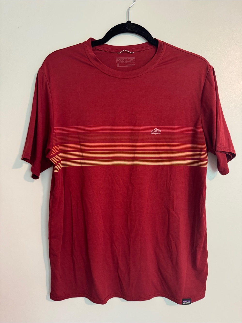 Patagonia Red Short-Sleeve Tee with Yellow-Orange Stripe - Picture 1 of 6